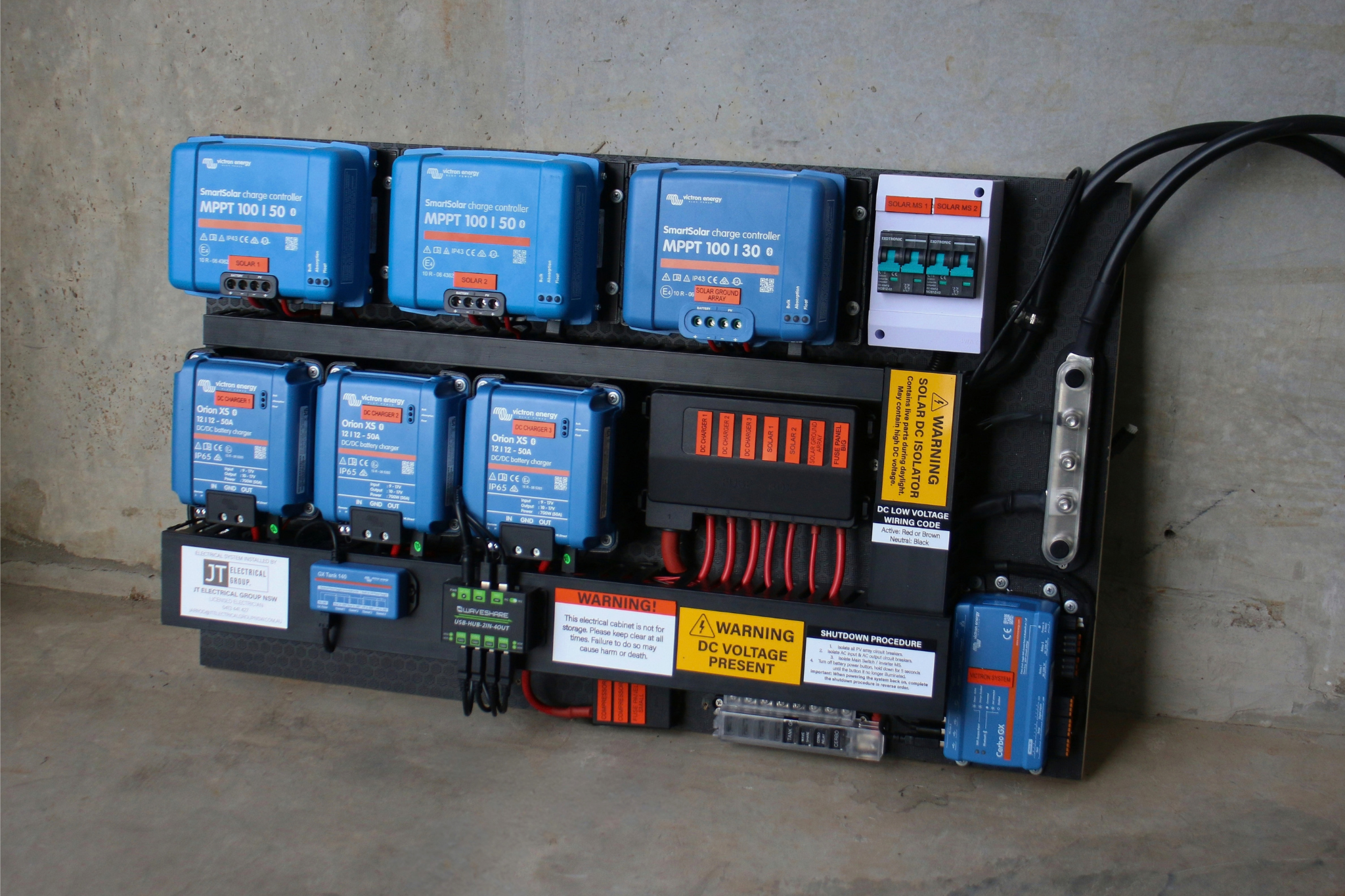 Completed pre-wired Victron board ready for installation